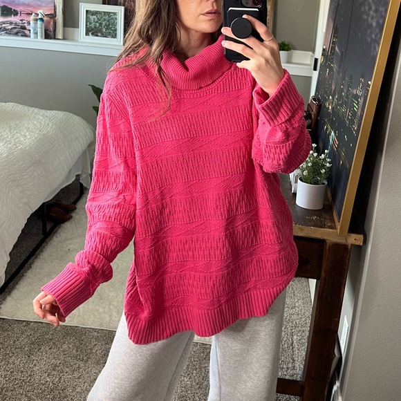 Vintage cowl turtle neck pink Barbie long sleeve chunky knit sweater tunic 8 - Picture 6 of 12